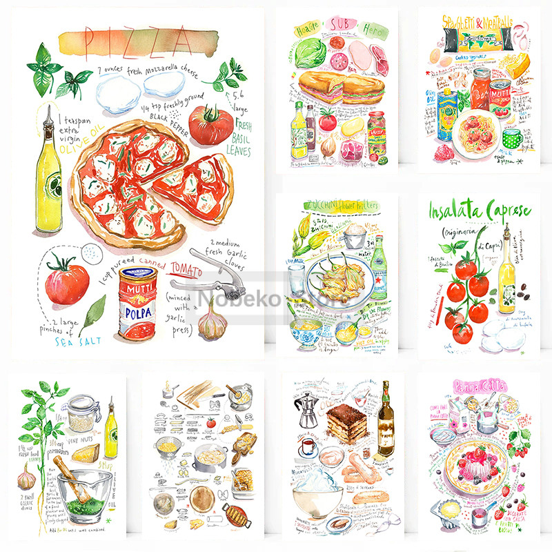 

Italian Food Recipe Posters Watercolor Colorful Italy Cuisine Prints Canvas Painting Wall Art Home