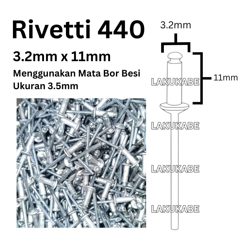 Promo 1 Kotak Paku Rivet Merk Rivetti 440 Ukuran 3.2Mm X 11Mm Isi 1000 Pcs