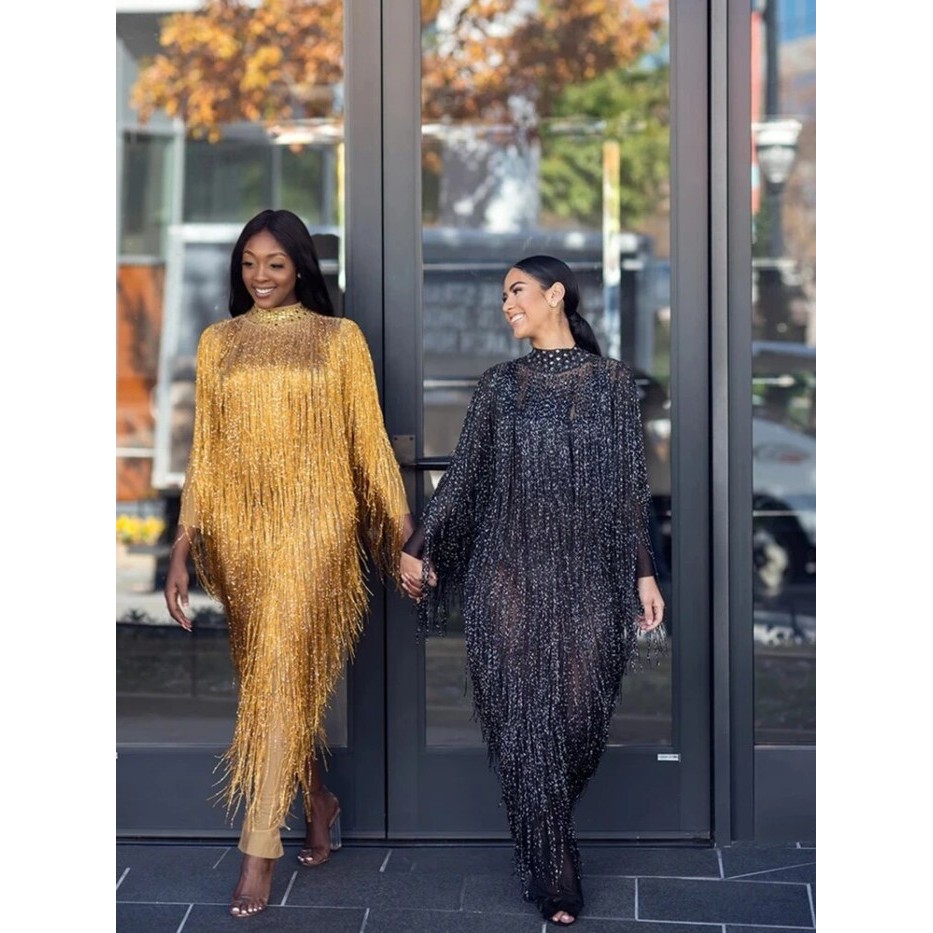 Gold Black Fringes Long Dress Women Birthday Evening Party Dress