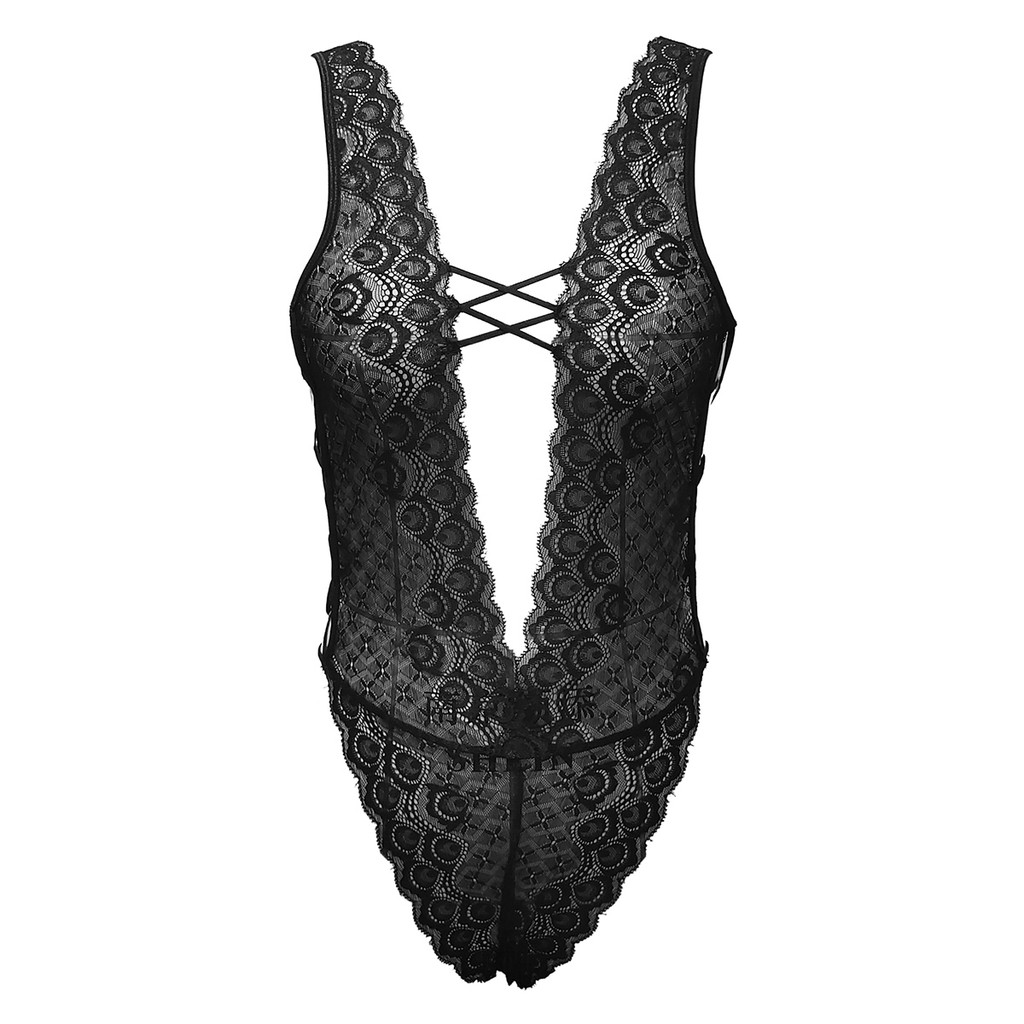 L1326 Baju Tidur Lingerie Seksi Teddy Bodysuit Hitam Transparan Belahan Dada Rendah