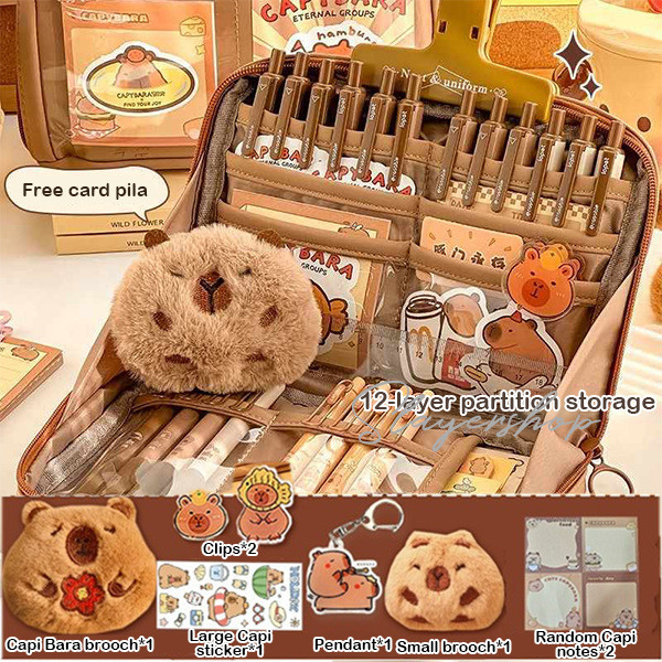 

(25pcs freebies)Large Capacity Kawaii Capybara Multi Layered Stationery Bag Cartoon Cute Pencil Case Simple Cosmetic Bag School Office Supplies