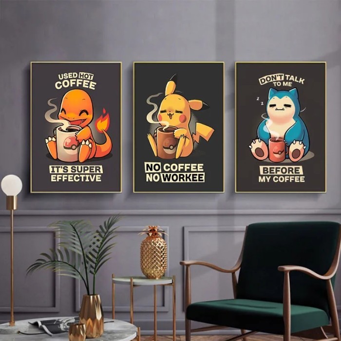 Pokemon Peripheral Snorlax Pikachu Drink Coffee Poster Vintage Anime