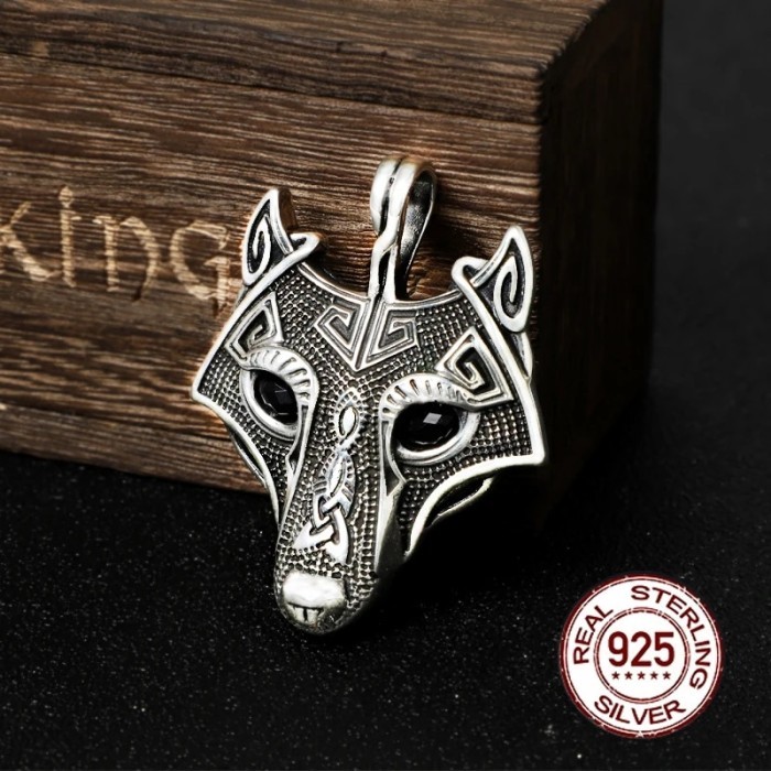 925 Sterling Silver Norse Odin Wolf Pendant necklace with cow leather