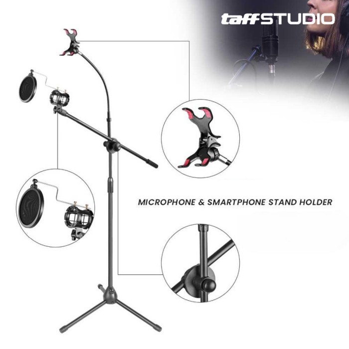 Stand Mic Lantai Berdiri TaffSTUDIO Paket Holder Microphone Condenser + Arm Fleksibel Penjepit HP +