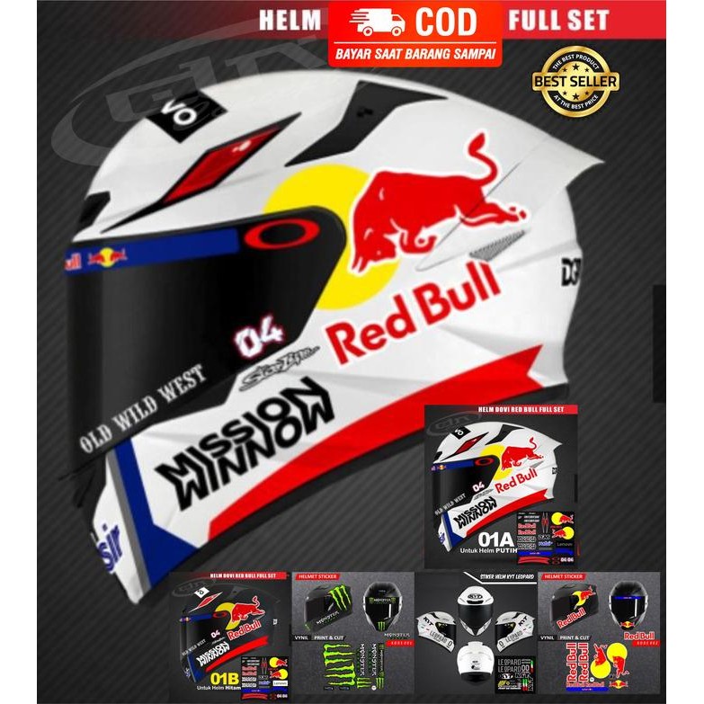 Stiker Sticker Helm Dovi Red Bull 2 Monster Full Set Suomy KYT fullface Hitam Putih motorcycle