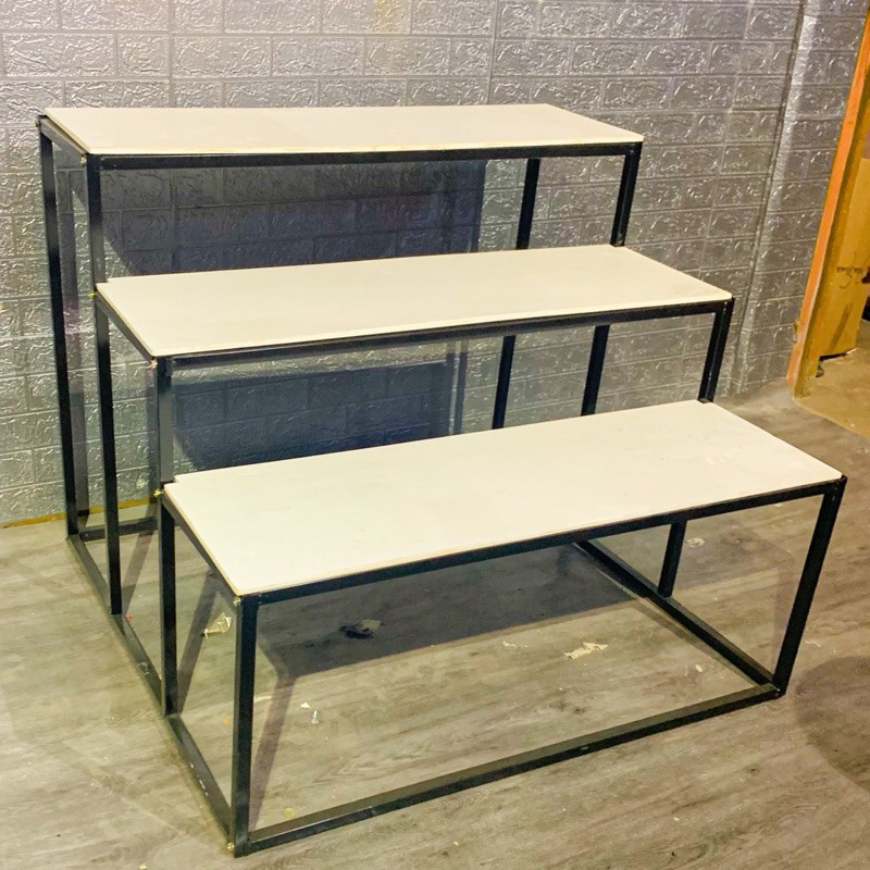 Rak Display Serbaguna Murah Rak 3 Tingkat Premium Mewah Display Baju dan Konsol Tatakan Papan Kayu