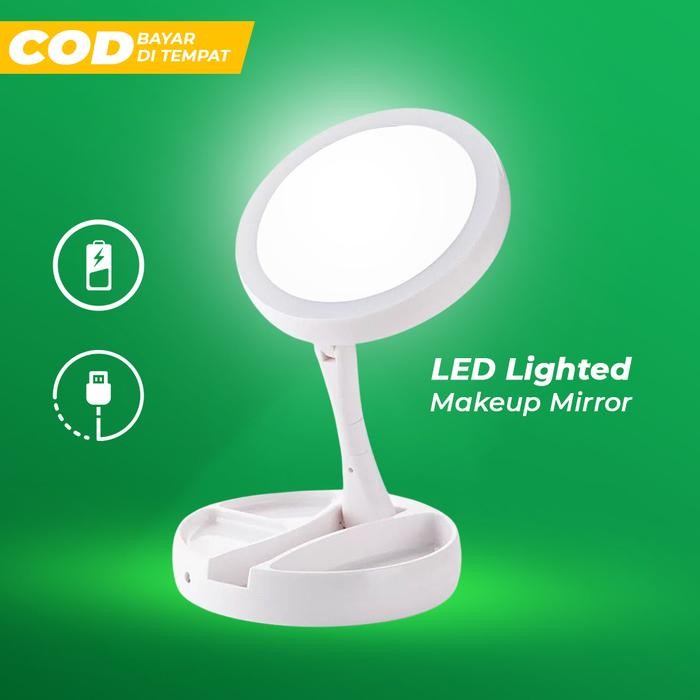Cermin LED Makeup Mirror Foldable Kaca Rias Dua Sisi Lipat Zoom Putih