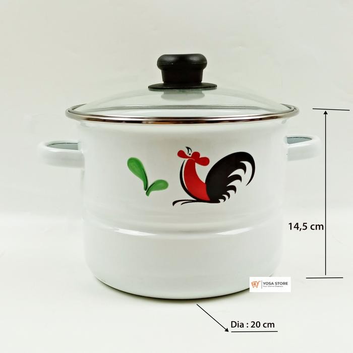 Panci Kukusan Dandang Enamel 20cm Nasi Motif Ayam Jago 1 Set
