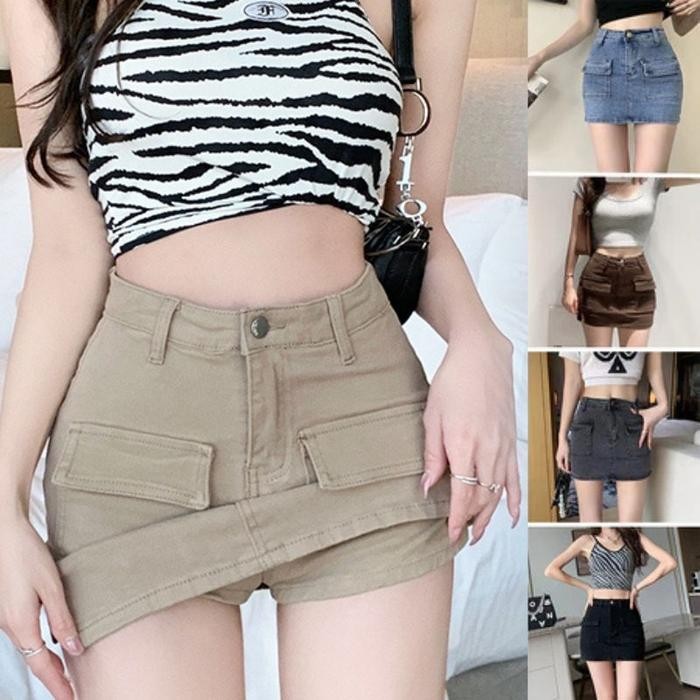 Rok pendek denim pinggang tinggi wanita gaya Korea kulot denim antik Panjang Standar Hitam Biru