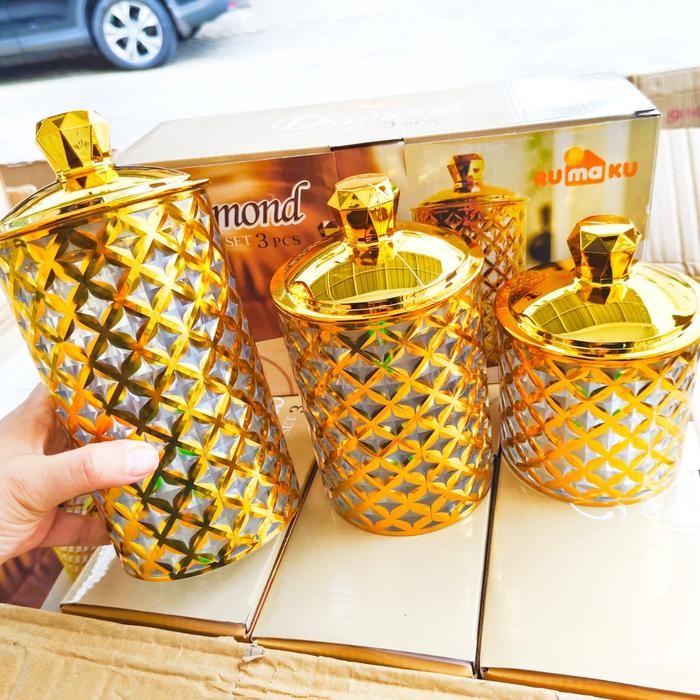 Toples Kue Lebaran Emas Mewah Toples Penyimpanan Kue Snack Lebaran Toples Diamond Premium 3pcs