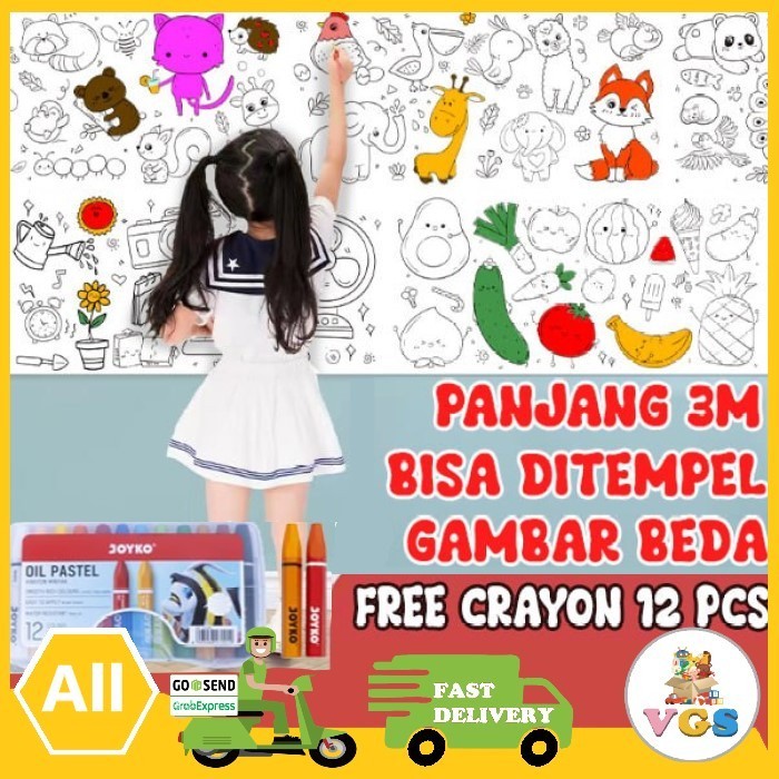 

Mainan Anak Drawing Roll Menggambar Mewarnai Free Crayon 12 Pcs