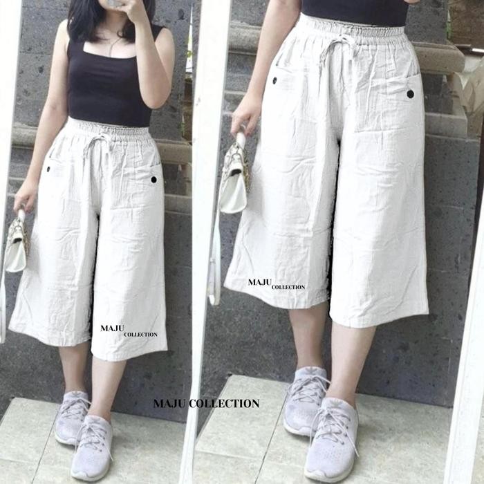 PREMIUM Celana Kulot 7/8 Kancing Bahan Linen Premium Kekinian Pinggang Karet Celana Wanita Kulot