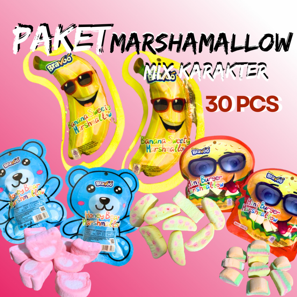 

TERBARU MARSHMELLOW KARAKTER PISANG/BERUANG/BURGER 30PCS HALAL BPOM JAJANAN VIRAL TERMURAH HARGA