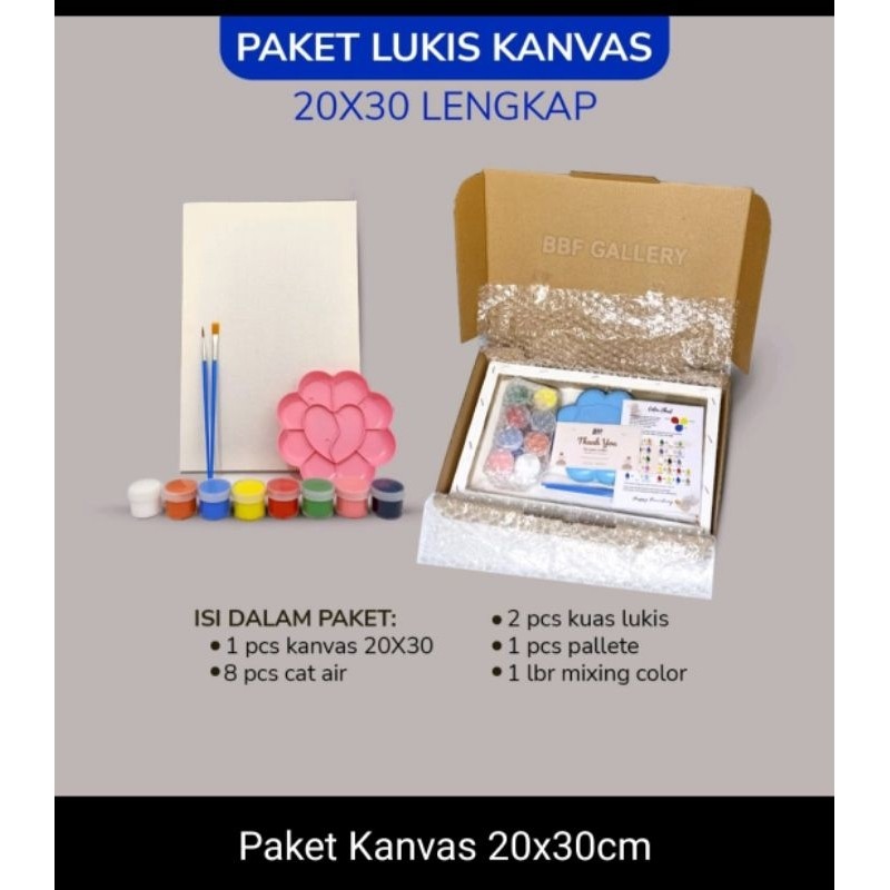 

Paket lengkap kanvas melukis 20x20cm 20x30 cat warna, 2 kuas dan palet