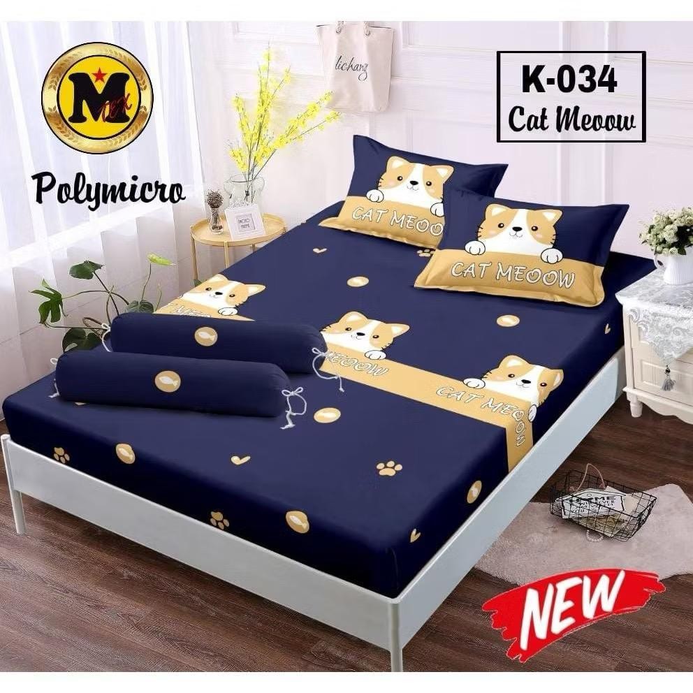 (TERBARU) sprei set karakter motif Kucing Meow murah tebal premium ukuran 180x200 160x200 120x200