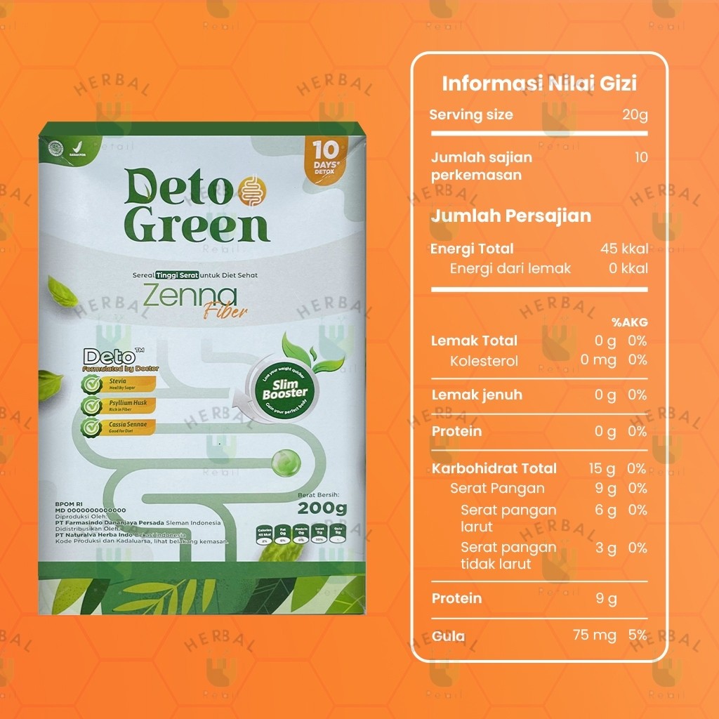 

Omahjajanan Detogreen Zenna Fiber Sereal Tinggi Serat Sehat Optimal Diet Sehat 200 Gram