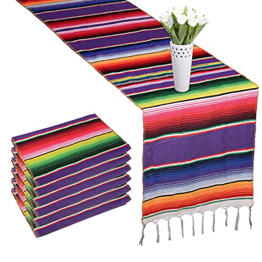 6 Packs Mexican Blanket Serape Table Runner Colorful Striped Fringe For Mexican Birthday Party
