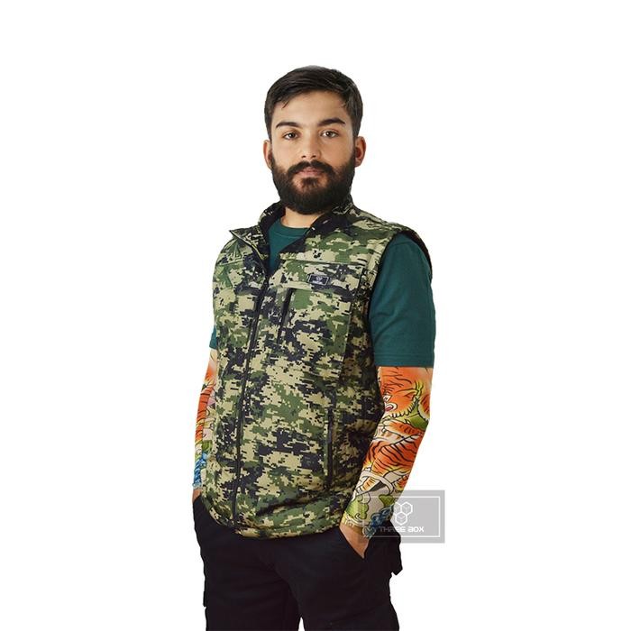 PREMIUM Jaket Rompi Pria Motif Loreng Green Outdoor Medium Big Jumbo Three Box