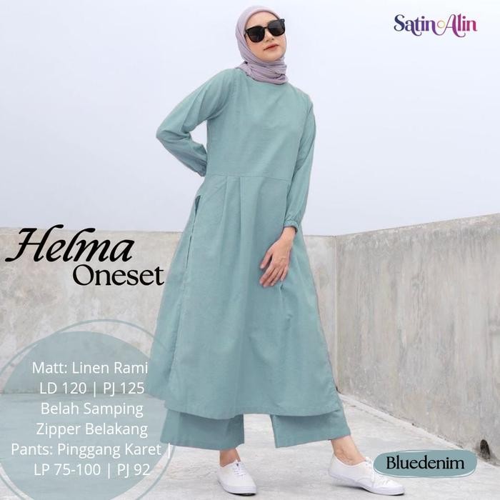 PREMIUM Helma One Set Jumbo Setelan Kulot Tunik Bluedenim LD 120 Linen Rami Premium Realpict