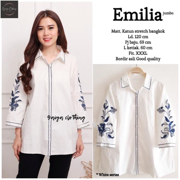 PREMIUM EMILIA JUMBO - KEMEJA PUTIH BORDIR WANITA Katun Stretch Atasan Baju Kerja