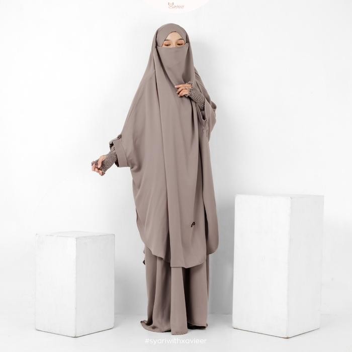 Xavieer - Hazimah Set Abaya Setelan French Khimar Gamis Jetblack Syari Umrah Haji