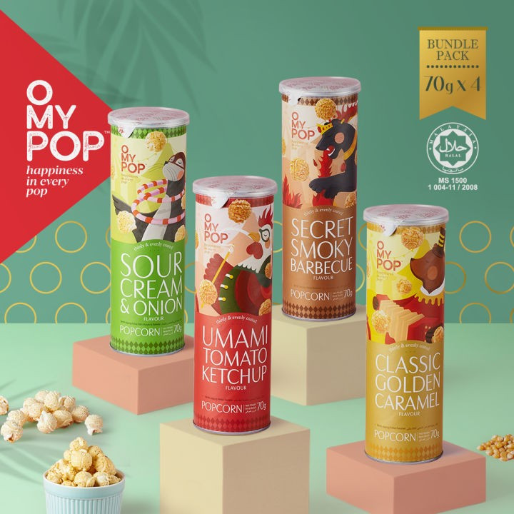 

OMYPOP Popcorns caramel/barbecue/cocoa/ salted egg yolk all popcorn