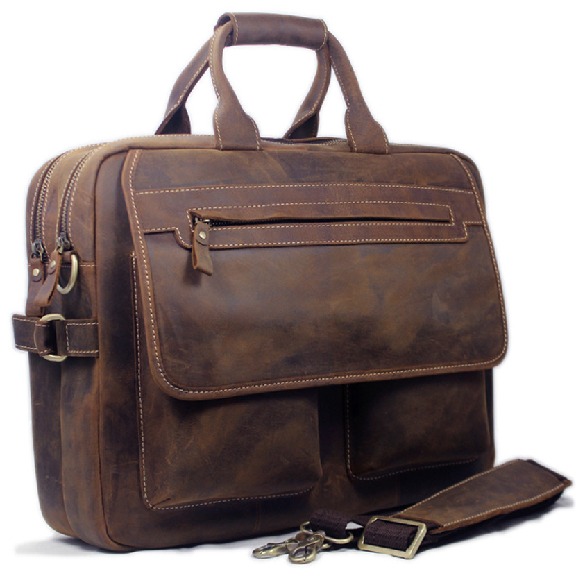 Vintage Men Leather Briefcase Tote Business Bag Crazy Horse Genuine Leather Portfolio Men Briefcase