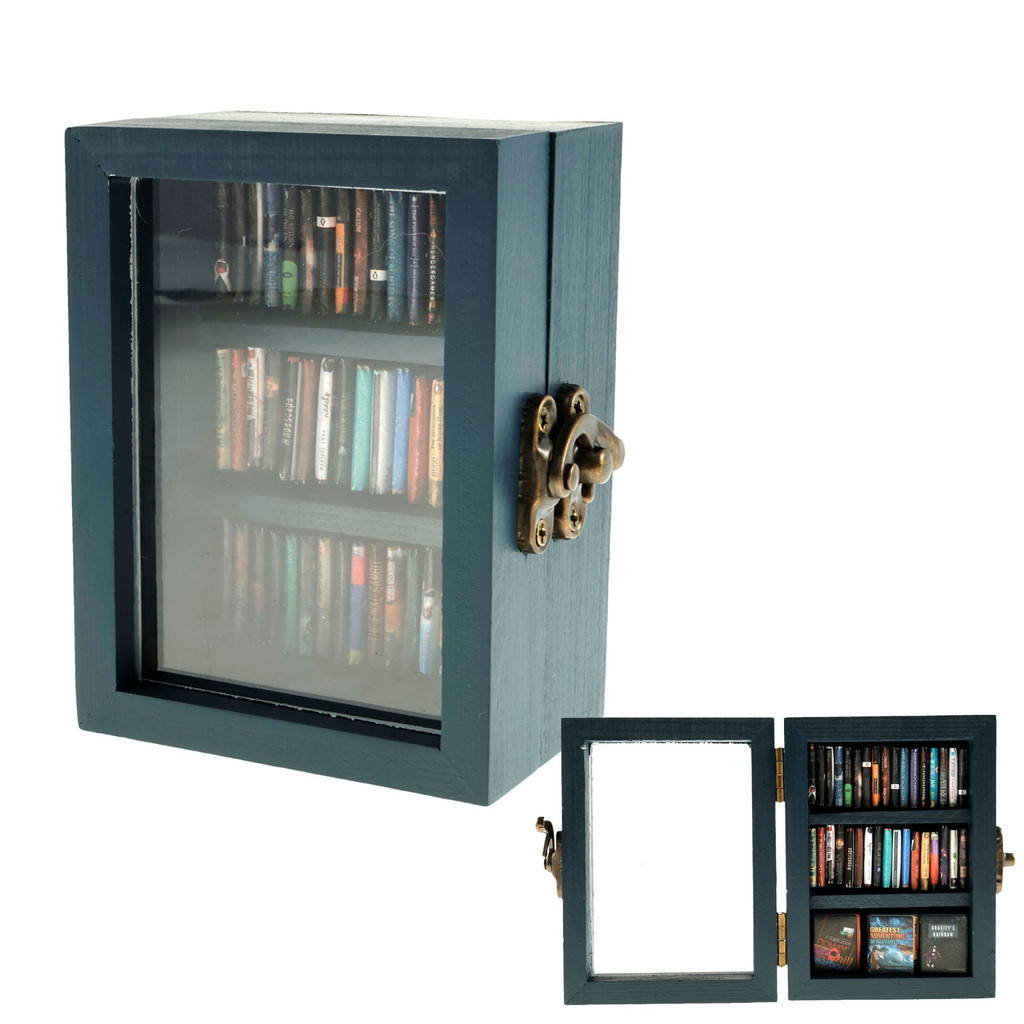Mini Bookshelf Wood Shake Anxiety Bookshelf Book Library with 60pcs Miniature Books Handmade Pocket 