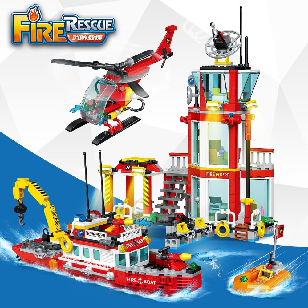 City Fire Station Building Blocks Set Forest Fire Protection Fire Boats and Firefighting Car Fire Re