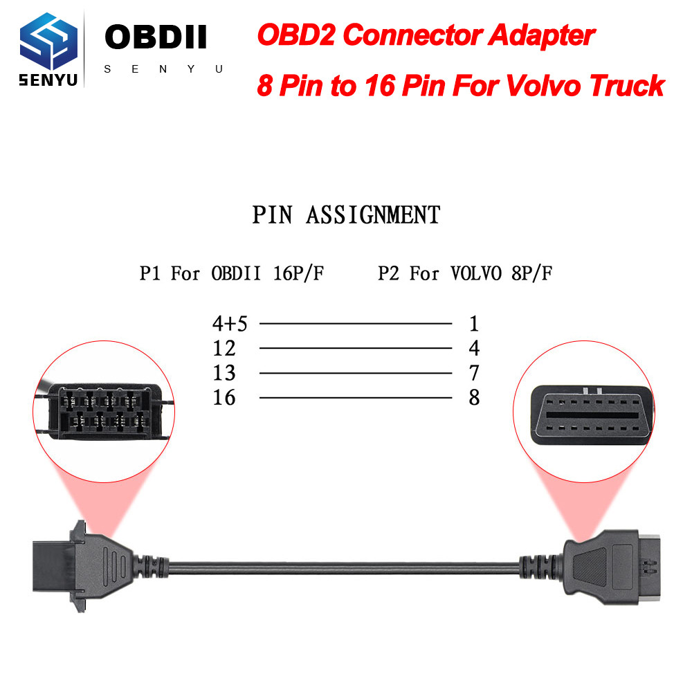 OBD2 Connector Adapter For Volvo Truck 8 Pin OBD to OBD2 16Pin For Volvo OBD 2 OBD2 Diagnostic Auto 