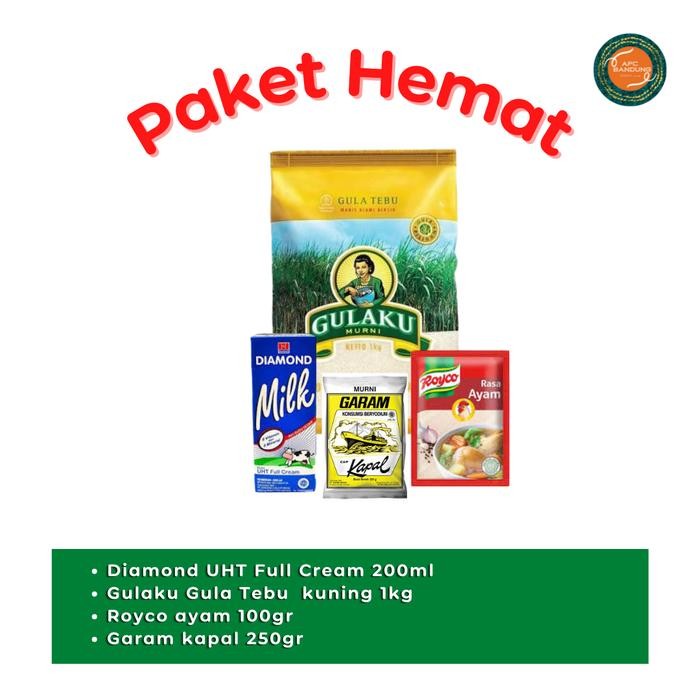 

PAKET A Gulaku 1kg Susu Diamond 200ml Royco Ayam 100g Garam Kapal 250g New