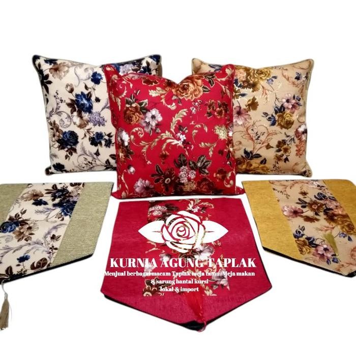 Sarung Bantal Sofa Flocking Minimalis Modern/5 Sarung Bantal & 1 Taplak Meja Tamu Mewah Full Bordir