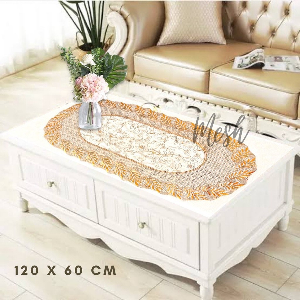 TAPLAK MEJA TAMU WARNA GOLD ANTI AIR UKURAN BESAR 60 X 120 CM MODEL OVAL