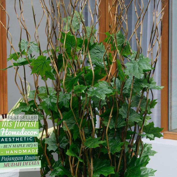 ASLI 10 Btg Bambu Ulir Natural Daun Maple Hijau 142 cm (Tanpa Pot) Perlengkapan Dekorasi Rumah Taan