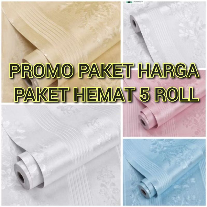 PROMO HARGA PAKET 5 ROLL Wallpaper Sticker Dinding ABU PUTIH KREM PINK BIRU Polos Salur Batik