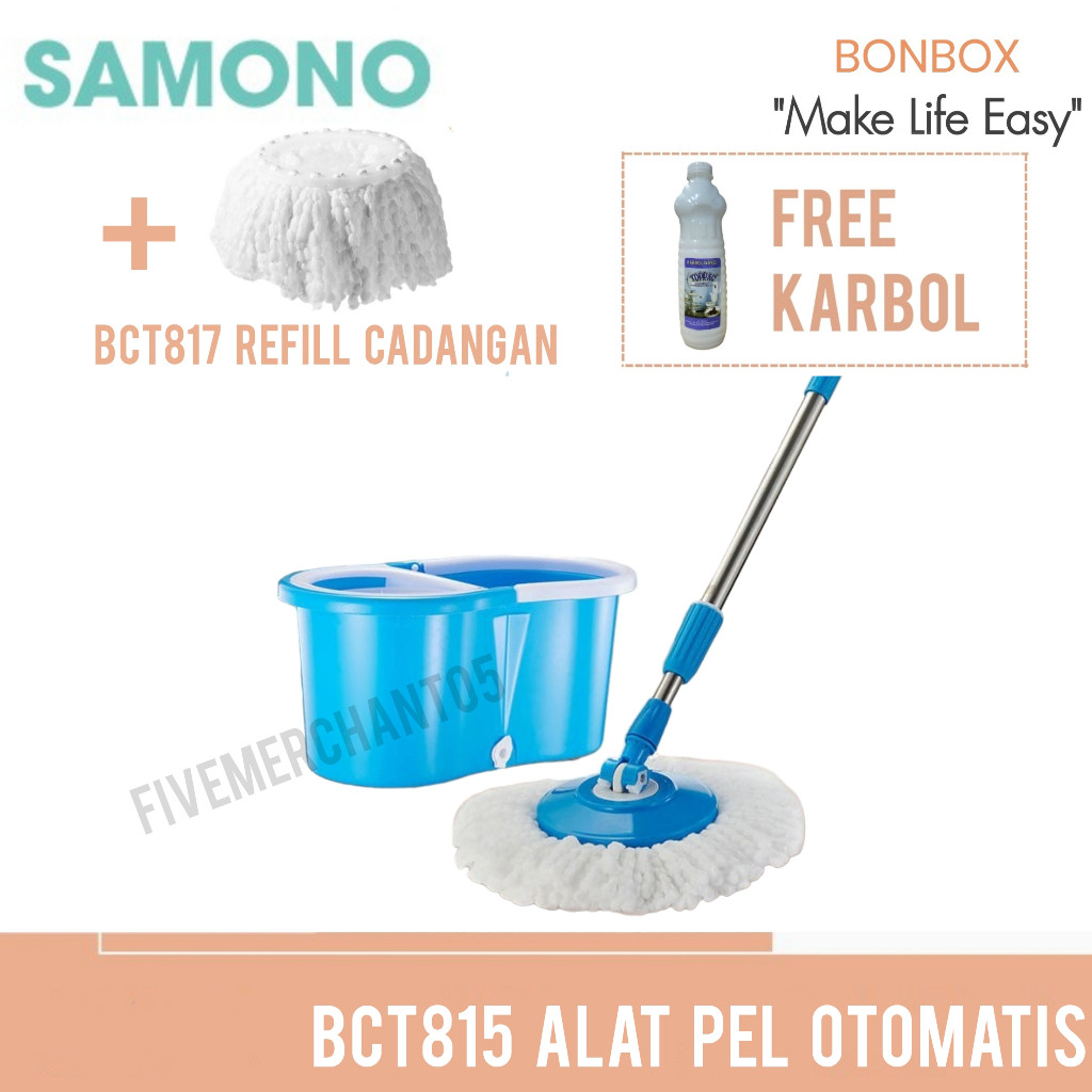 Alat Pel Otomatis Bonbox Samono BCT815 Spin Mop Ember Tongkat Pel Murah Mop Super Biru Microfiber