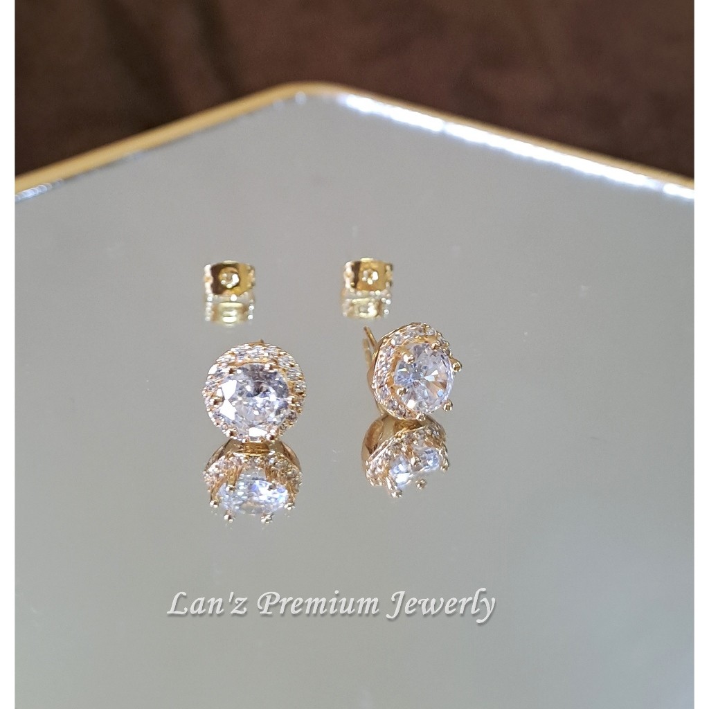 Anting Tusuk Solitare Bulat Kristal Premium Titanium 18K (Emas)