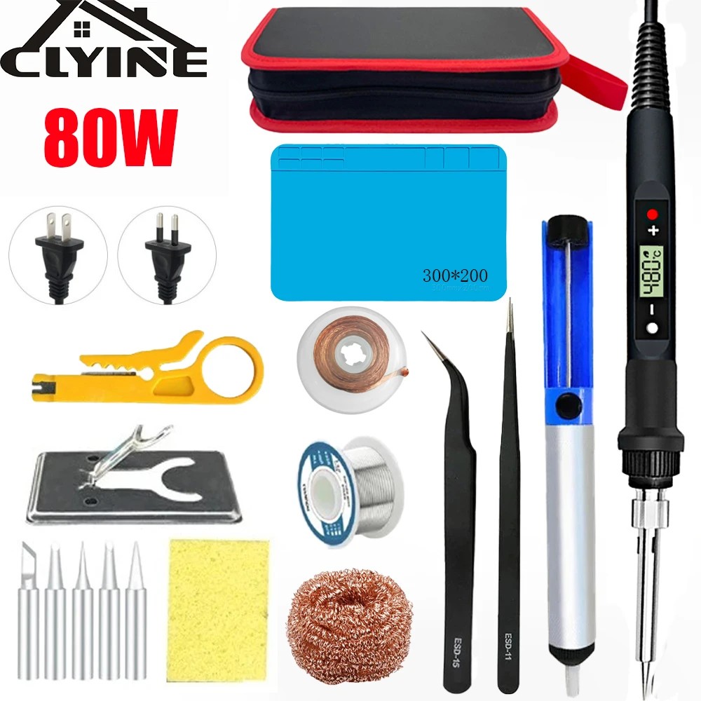 80W Electric Soldering Iron Kit Adjustable Temperature LCD Solder Ceramic Heater Soldering Tips Twee