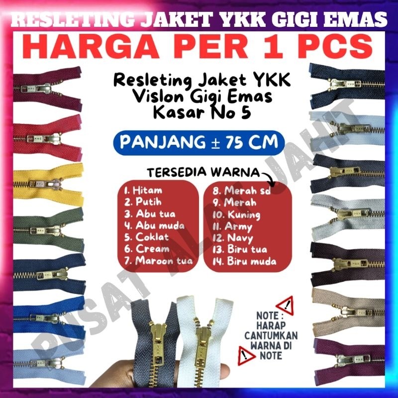 RESLETING RITSLETING SLETING JAKET ZIPPER JACKET VISLON YKK GIGI KASAR BESI EMAS KASAR NO 5 ORIGINAL