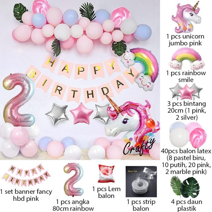 [PAKET] DEKORASI BALON ULANGTAHUN PINK CHAIN UNICORN ANGKA HIASAN ULTAH ANAK PEREMPUAN