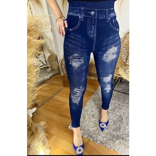 Legging Jeans Wanita Import Legging Jeans Motif Sobek Kekinian WE