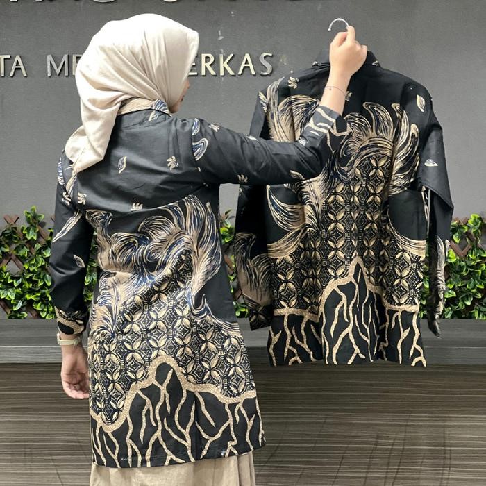Baju Batik Couple Tunik Atasan Wanita Katun Solo Premium Full Lapisan Try Ukuran S-5L Warna Hitam -