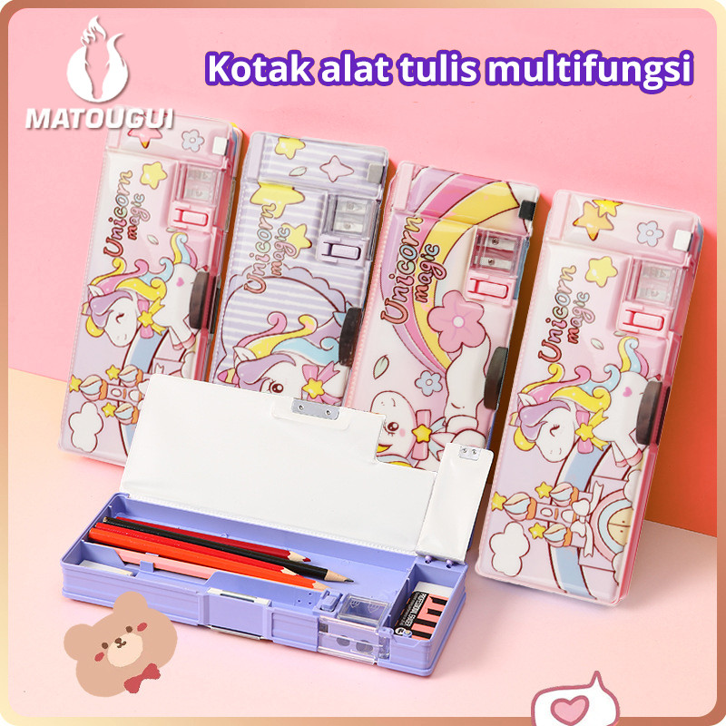

Tempat pensil multifungsi dengan pengserut pensil case with sharpener motif uniqorn kuda pony satuan