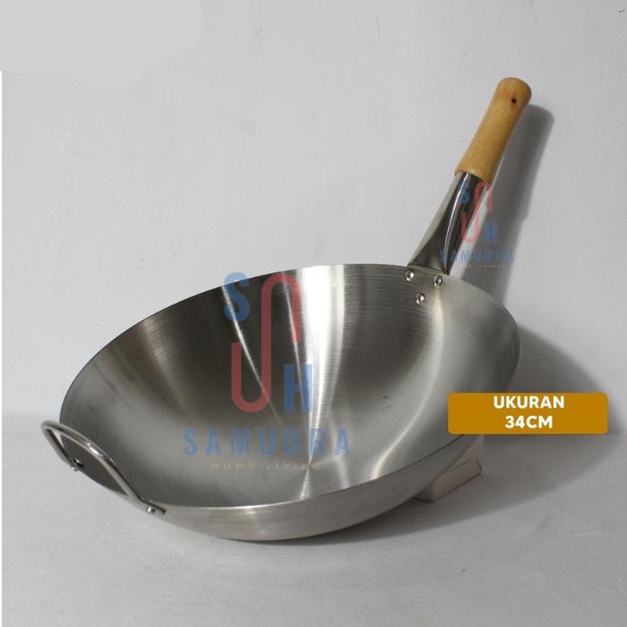 Terlaris- Sm Living Wajan Stainless Steel Gagang Kayu Anti Panas / Wajan Stainless Steel Gagang Kayu