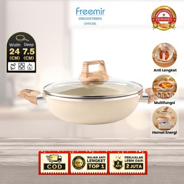 Terlaris- [Jabo Sale] Freemir Wajan Kuping 24 Cm Beige Wajan Anti Lengket Tutup Kaca Wajan Panci Wok