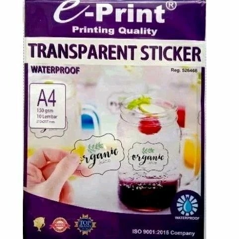 

Eprint Sticker / Kertas Stiker Transparan Bening A4 150 Gsm Isi 10 Lembar
