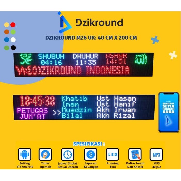 Jam Masjid Digital Jadwal Sholat Running TEXT timer iqomah 40x200cm