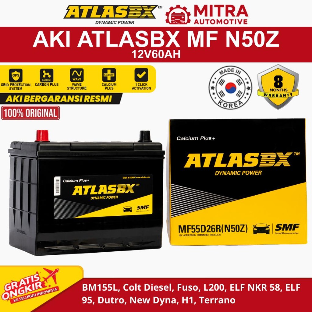 Aki Mobil Kering AtlasBX NS50Z Colt Fuso ELF Dyna Bergaransi 12V60AH