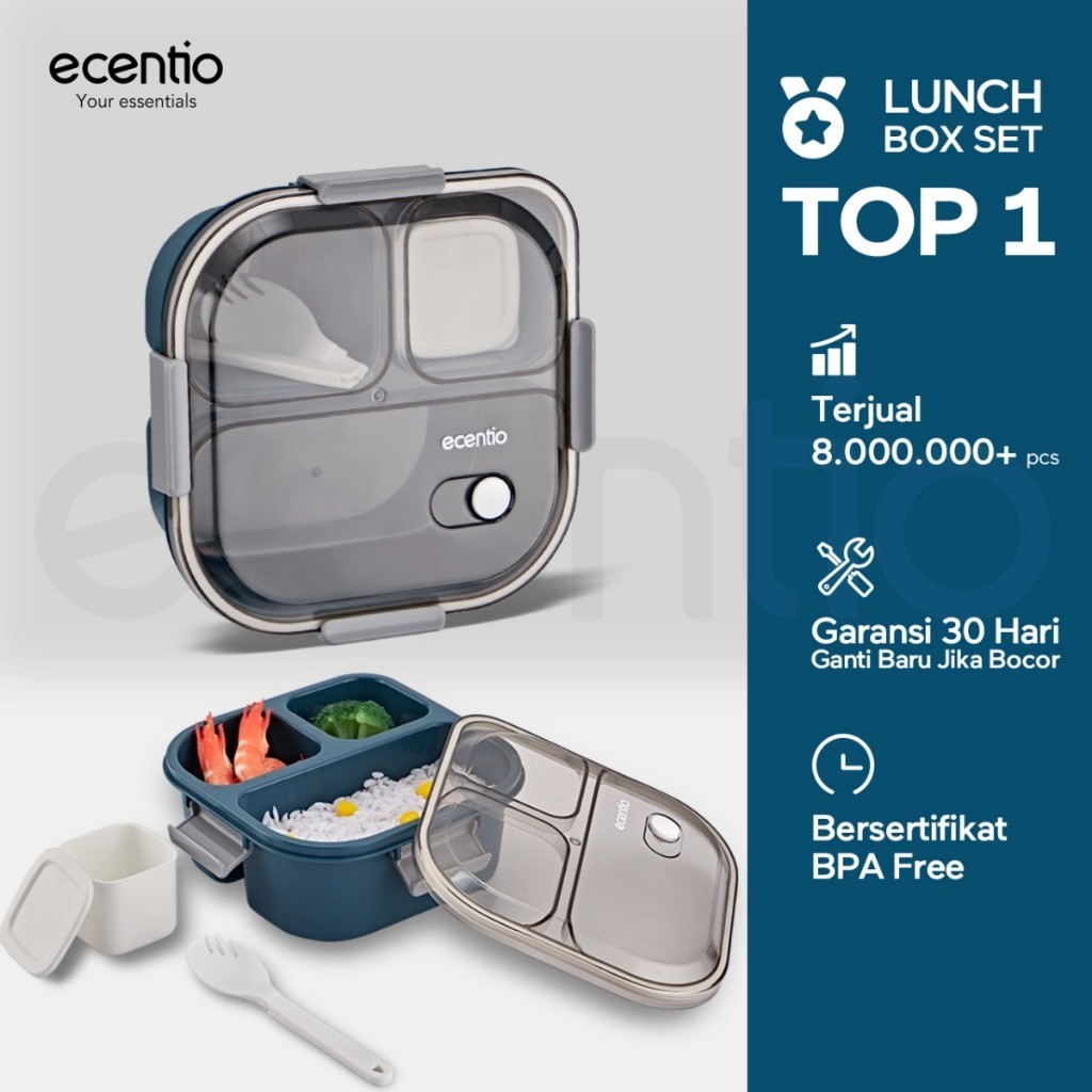 Ecentio Kotak Bekal Anti Tumpah Tumpah 3 Grid 1100Ml Kotak Makan Wadah Bekal Anti Tumpah Kotak Sup