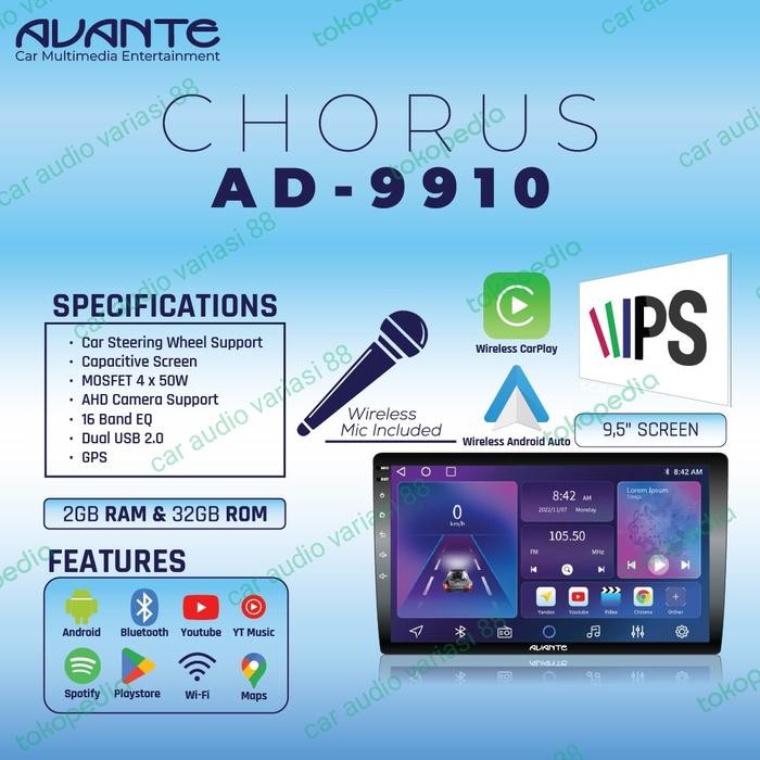 Head Unit Android Avante AD-9910 Chorus 9 inch RAM 2 ROM 32 KARAOKE